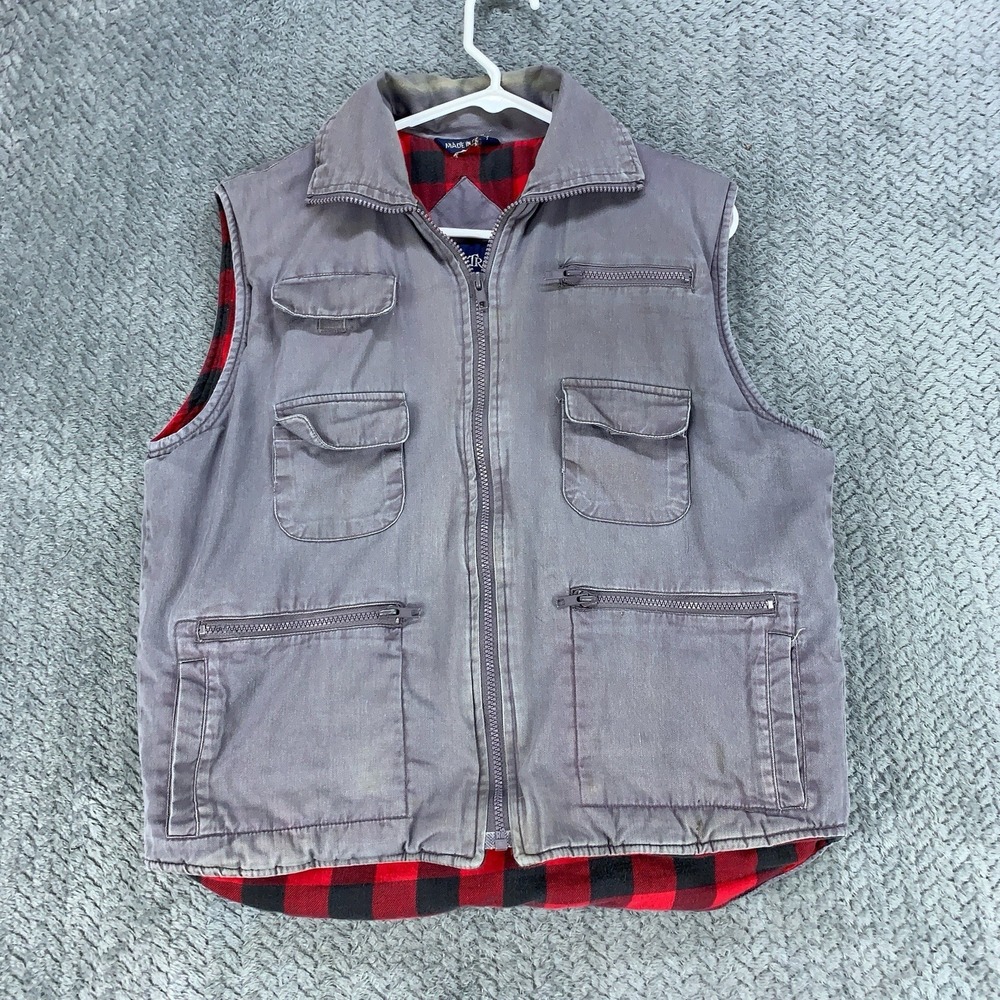 Ozark Trail Canvas Work Vest Mens Medium Gray Buffalo Plaid Lining Faded Vintage